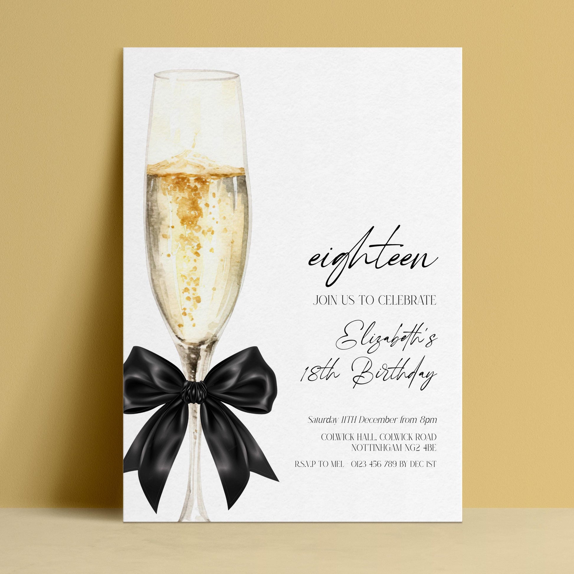 18th Birthday Invitation, Champagne Birthday Invite, Elegant Eighteen Party Invite, Editable Birthday Invitation, Corjl
