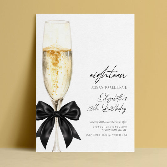 18th Birthday Invitation, Champagne Birthday Invite, Elegant Eighteen Party Invite, Editable Birthday Invitation, Corjl