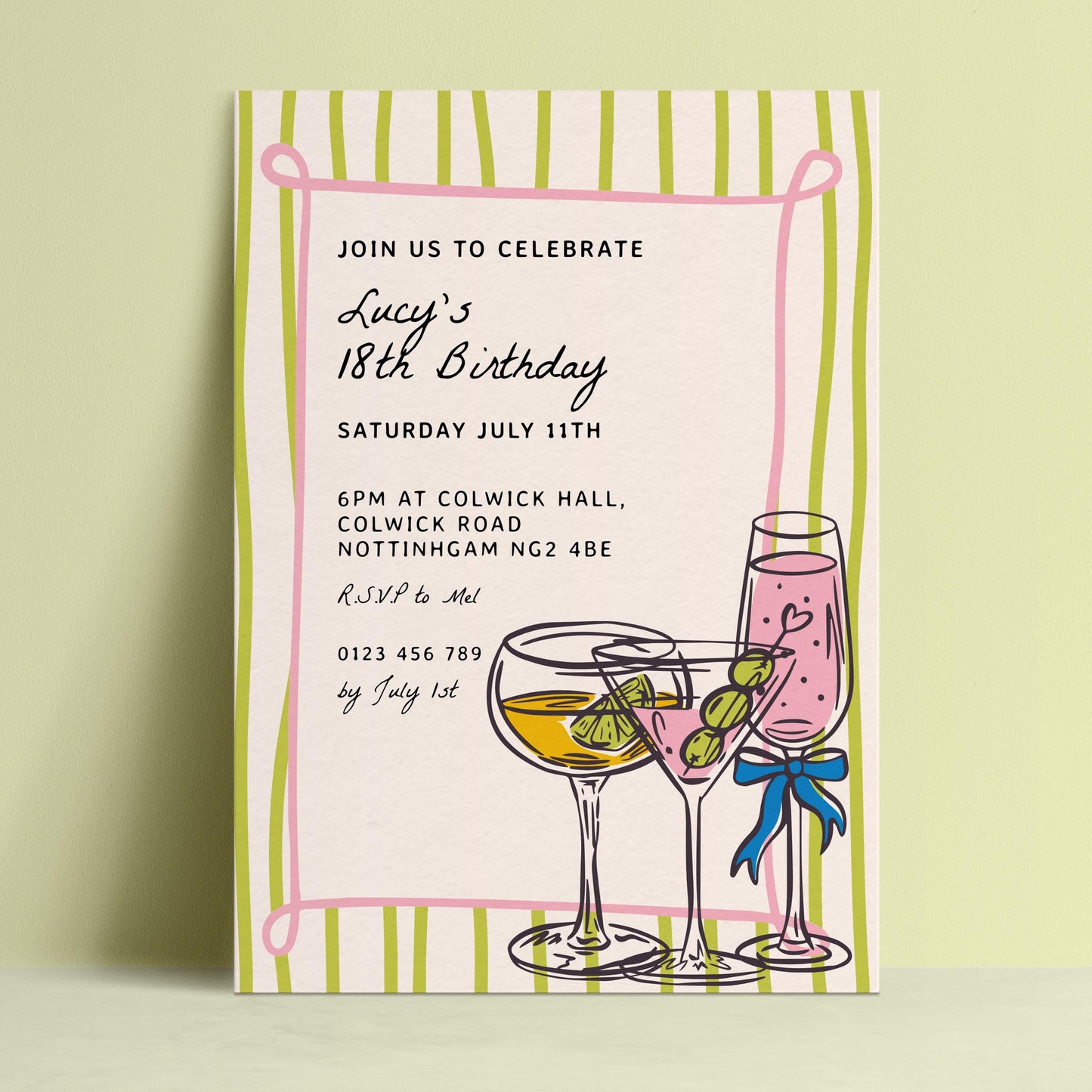 Cocktail 18th Birthday Invitation, Fun Drinks Party Invite, Colourful Adult Birthday Invitation, Editable Birthday Invite, Corjl