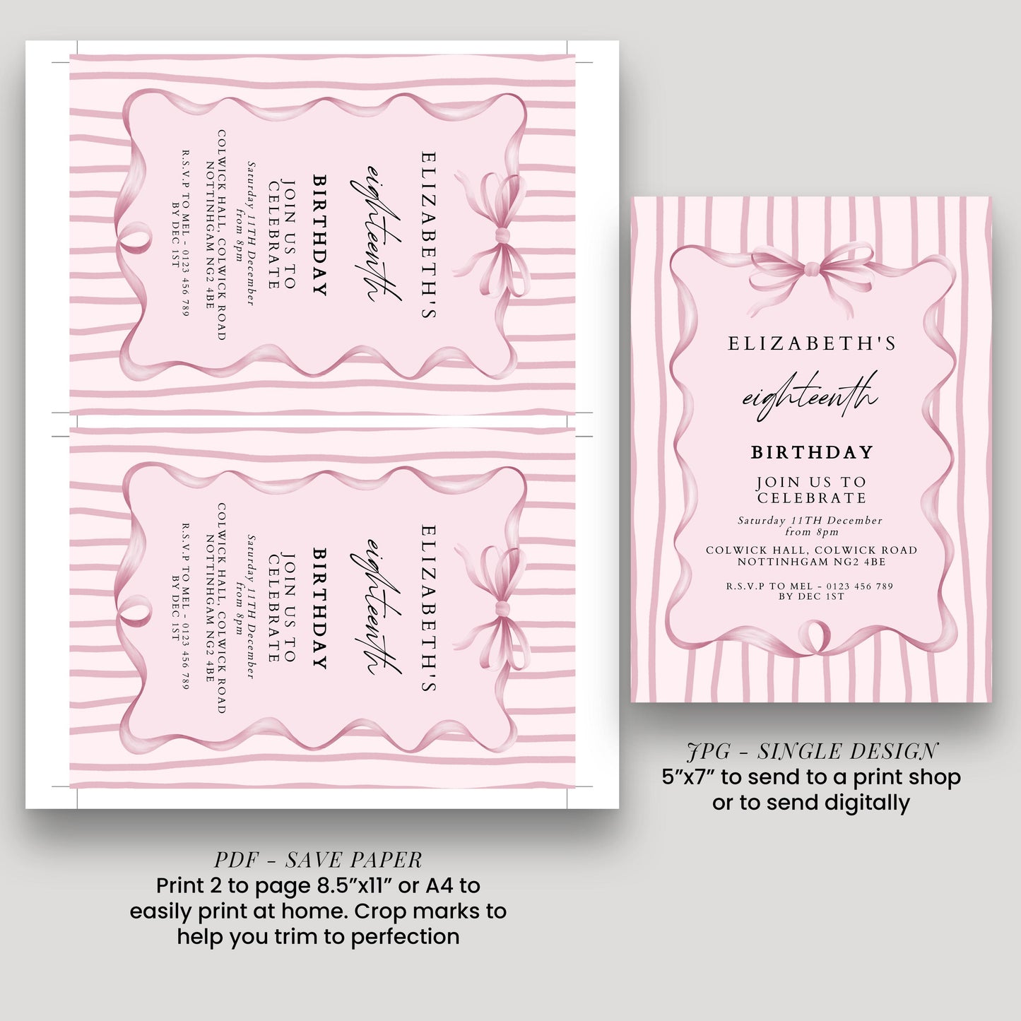 Editable 18th Birthday Invitation, Pink Bow Birthday Invite, Elegant Eighteen Party Invitation, Editable Birthday Invite, Corjl