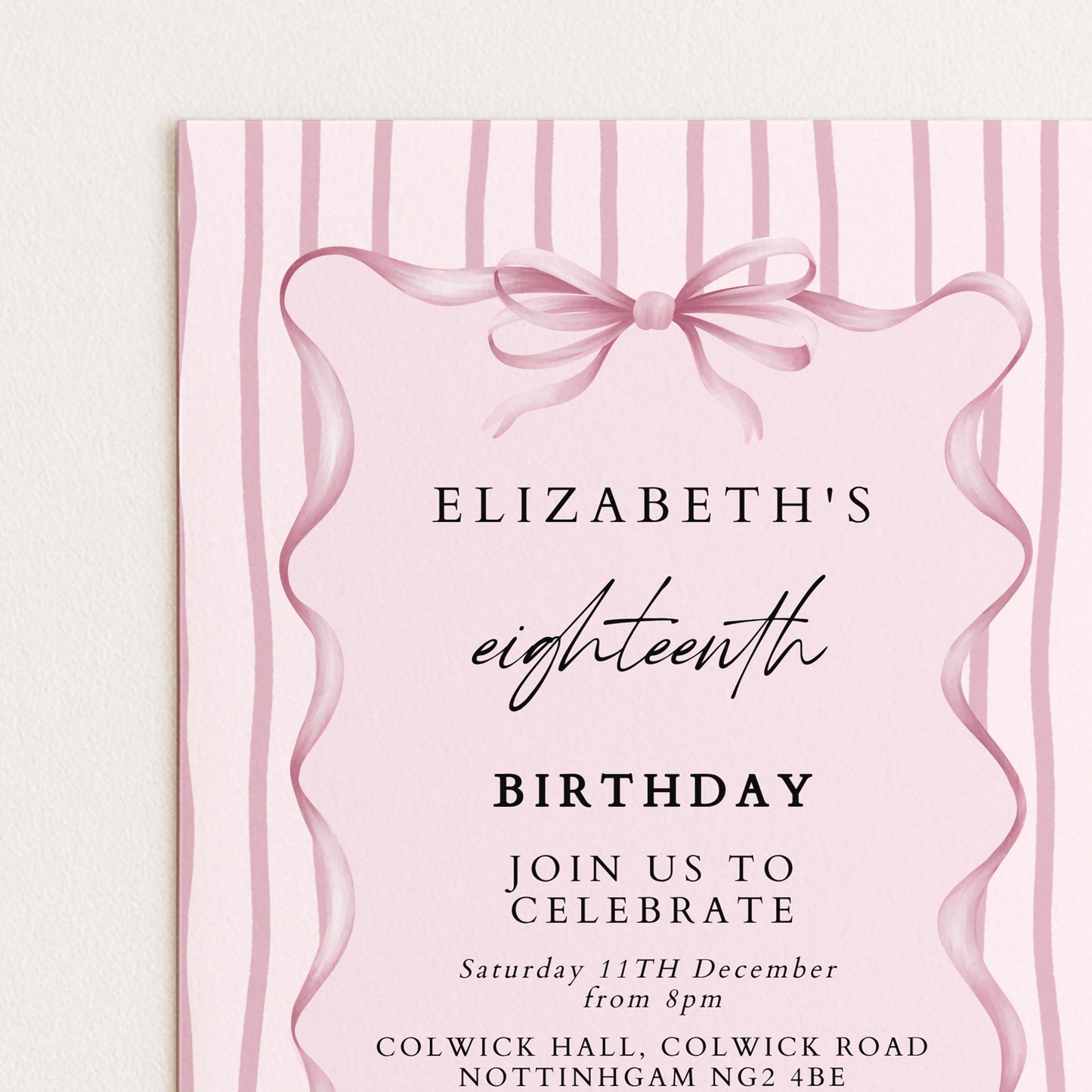 Editable 18th Birthday Invitation, Pink Bow Birthday Invite, Elegant Eighteen Party Invitation, Editable Birthday Invite, Corjl