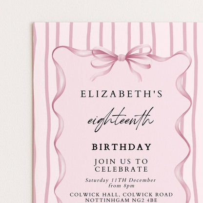 Editable 18th Birthday Invitation, Pink Bow Birthday Invite, Elegant Eighteen Party Invitation, Editable Birthday Invite, Corjl