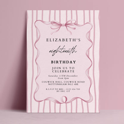 Editable 18th Birthday Invitation, Pink Bow Birthday Invite, Elegant Eighteen Party Invitation, Editable Birthday Invite, Corjl