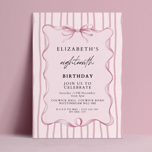 Editable 18th Birthday Invitation, Pink Bow Birthday Invite, Elegant Eighteen Party Invitation, Editable Birthday Invite, Corjl