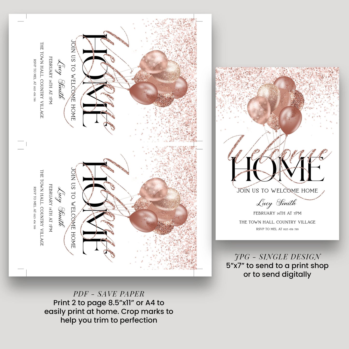 The image is a collage of two pages featuring a welcome home design with a pink and gold color scheme, along with text and images of balloons.