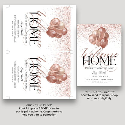 The image is a collage of two pages featuring a welcome home design with a pink and gold color scheme, along with text and images of balloons.