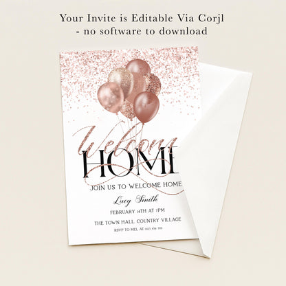 The image is a wedding invitation card with a pink and gold color scheme, featuring balloons and confetti. The text invites guests to a wedding and provides details about the event, including the date, time, location, and RSVP information.