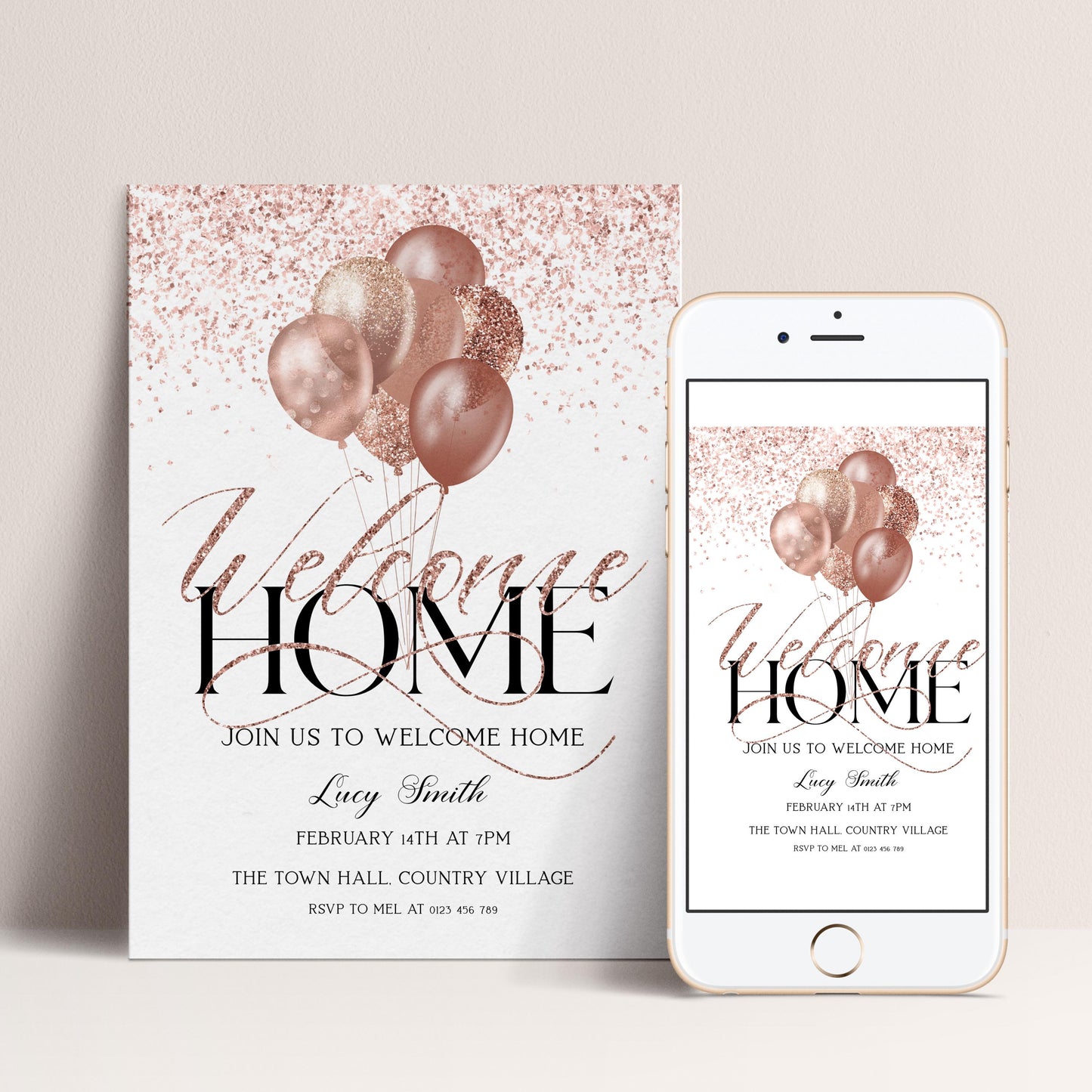 The image is a welcome home invitation featuring balloons and text, with a smartphone displaying the invitation on its screen.