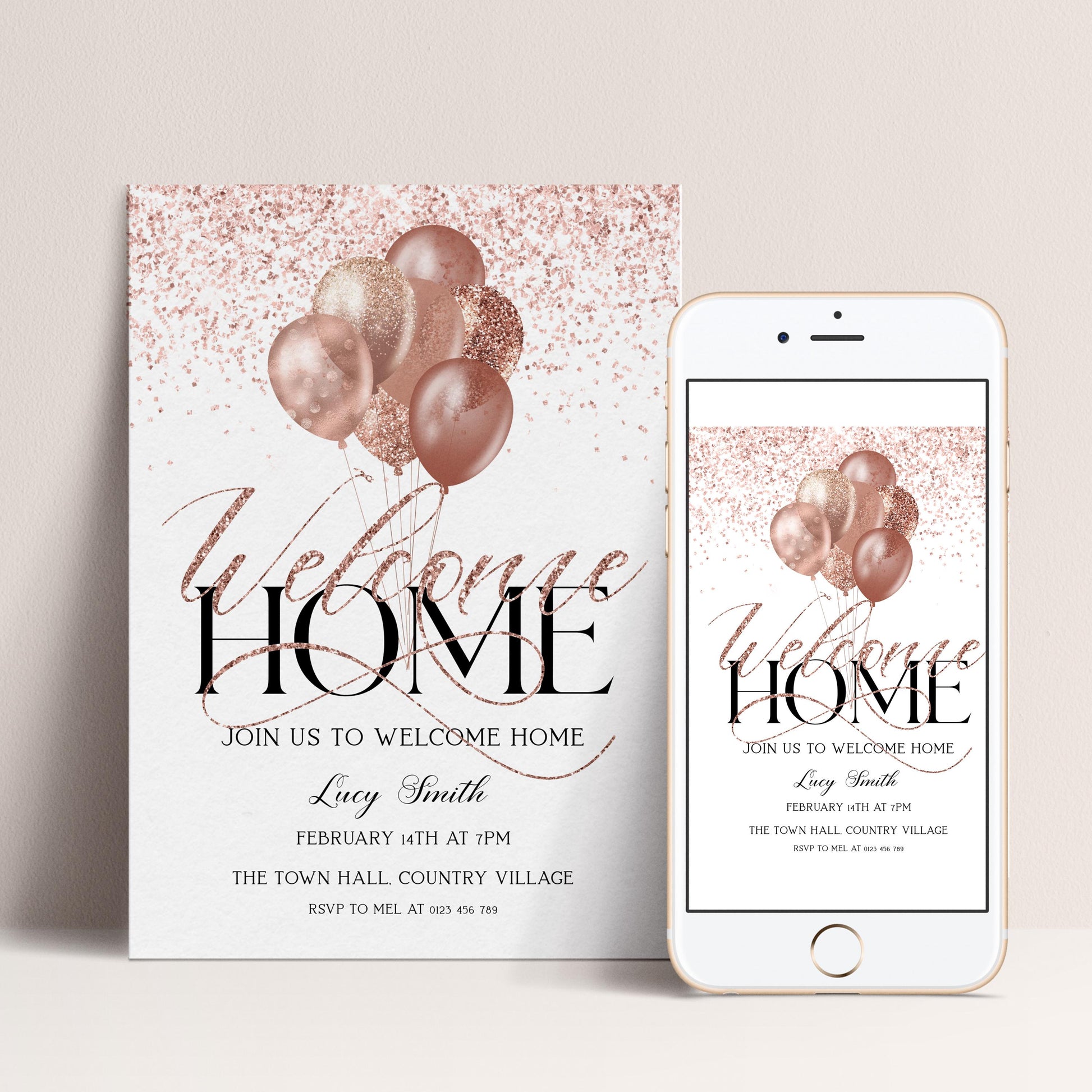 The image is a welcome home invitation featuring balloons and text, with a smartphone displaying the invitation on its screen.