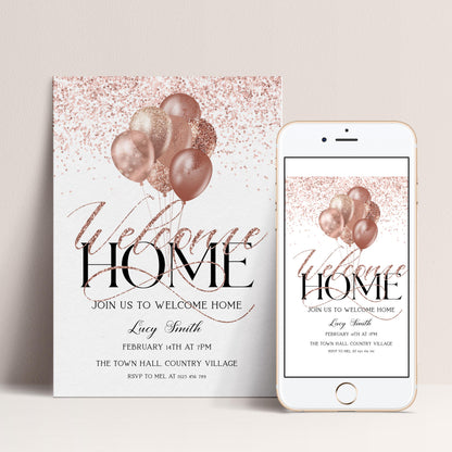 The image is a welcome home invitation featuring balloons and text, with a smartphone displaying the invitation on its screen.