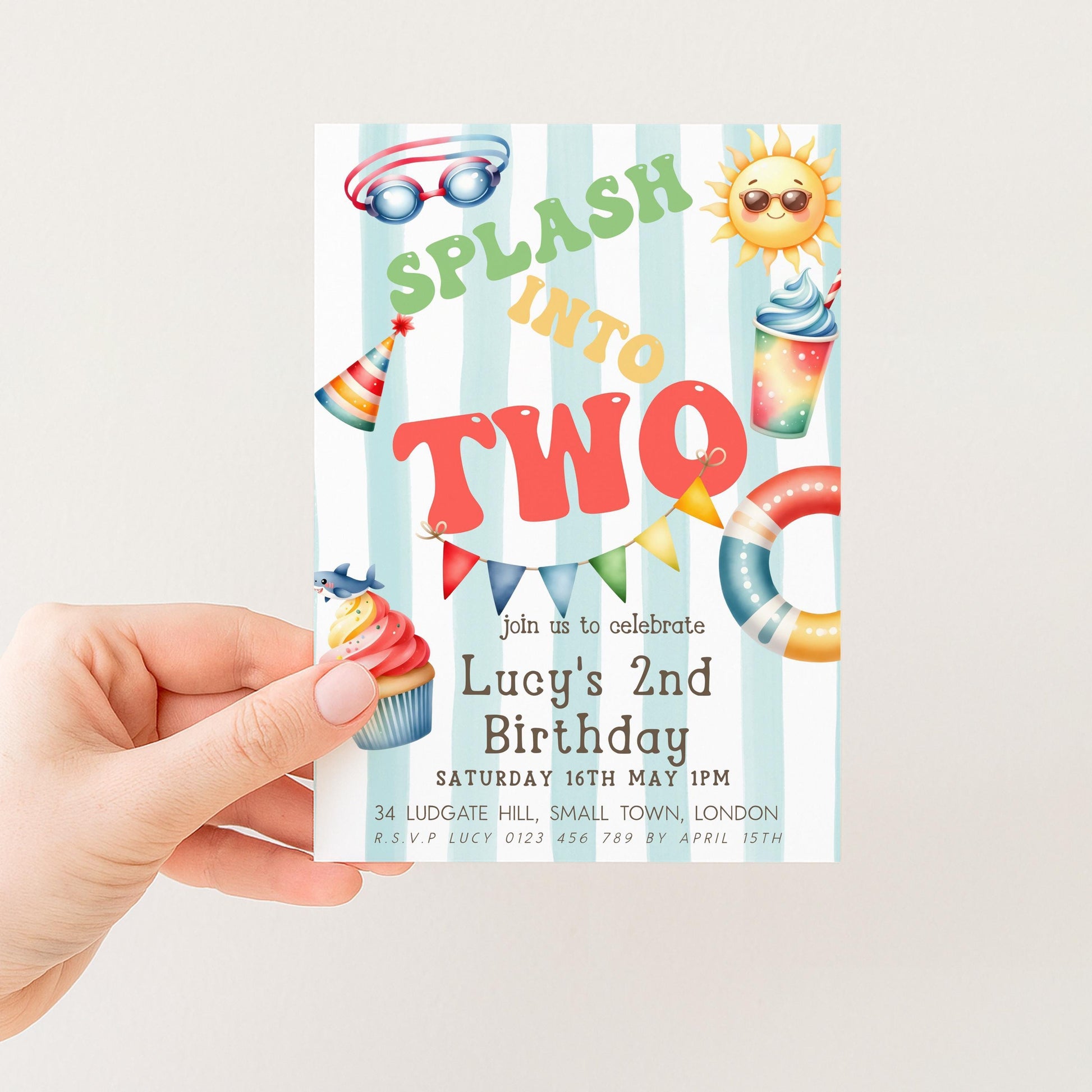 The image is a birthday invitation for a child's second birthday, featuring colorful illustrations of a swimsuit, sunglasses, and a cupcake.