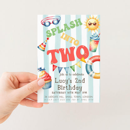 The image is a birthday invitation for a child's second birthday, featuring colorful illustrations of a swimsuit, sunglasses, and a cupcake.
