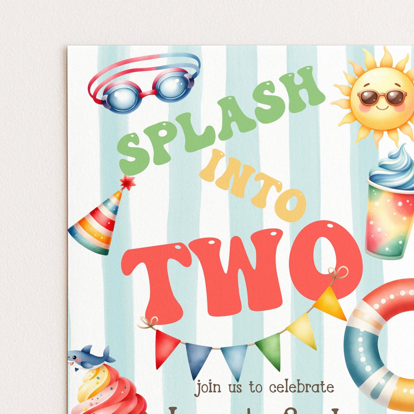 The image is a colorful invitation for a two-year-old party, featuring various party-related elements such as a sun, sunglasses, a party hat, a swimsuit, and a beach ball.
