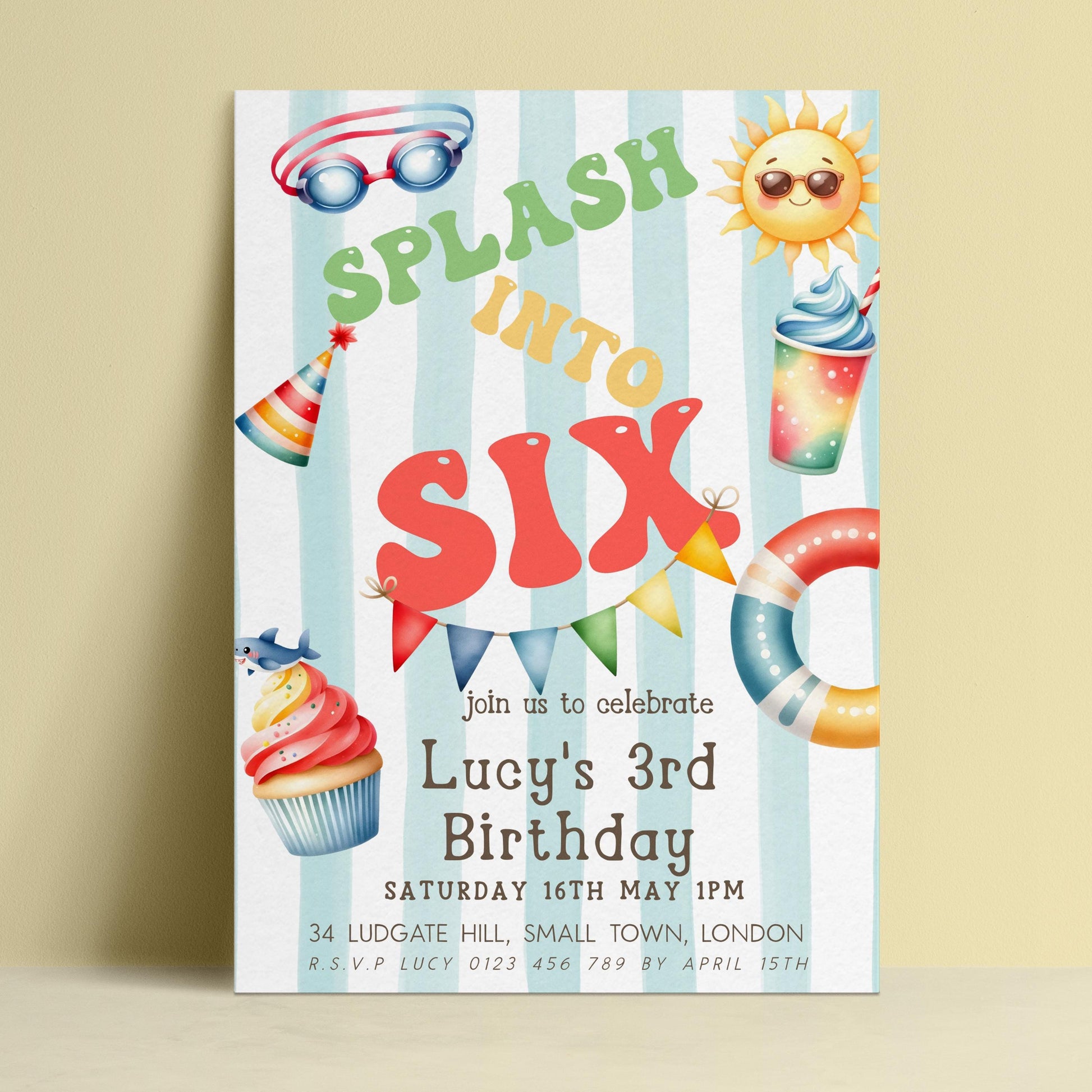 The image is a birthday party invitation for a child's third birthday celebration.