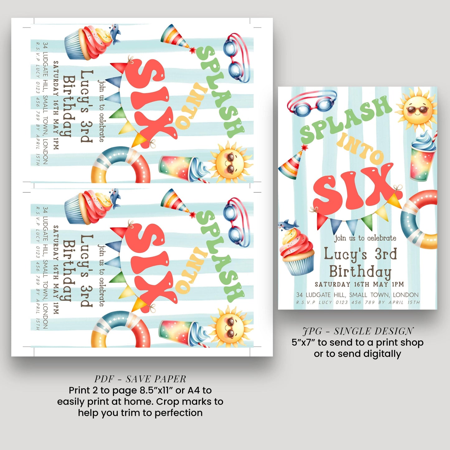 two birthday party invitation designs for a 6th birthday celebration. The invitations feature colorful illustrations of a beach scene, including a sun, beach ball, and cupcakes. The text on the invitations includes details about the event, such as the date, time, location, and RSVP information.
