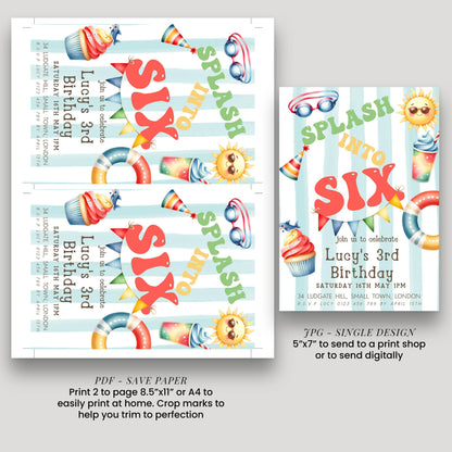two birthday party invitation designs for a 6th birthday celebration. The invitations feature colorful illustrations of a beach scene, including a sun, beach ball, and cupcakes. The text on the invitations includes details about the event, such as the date, time, location, and RSVP information.
