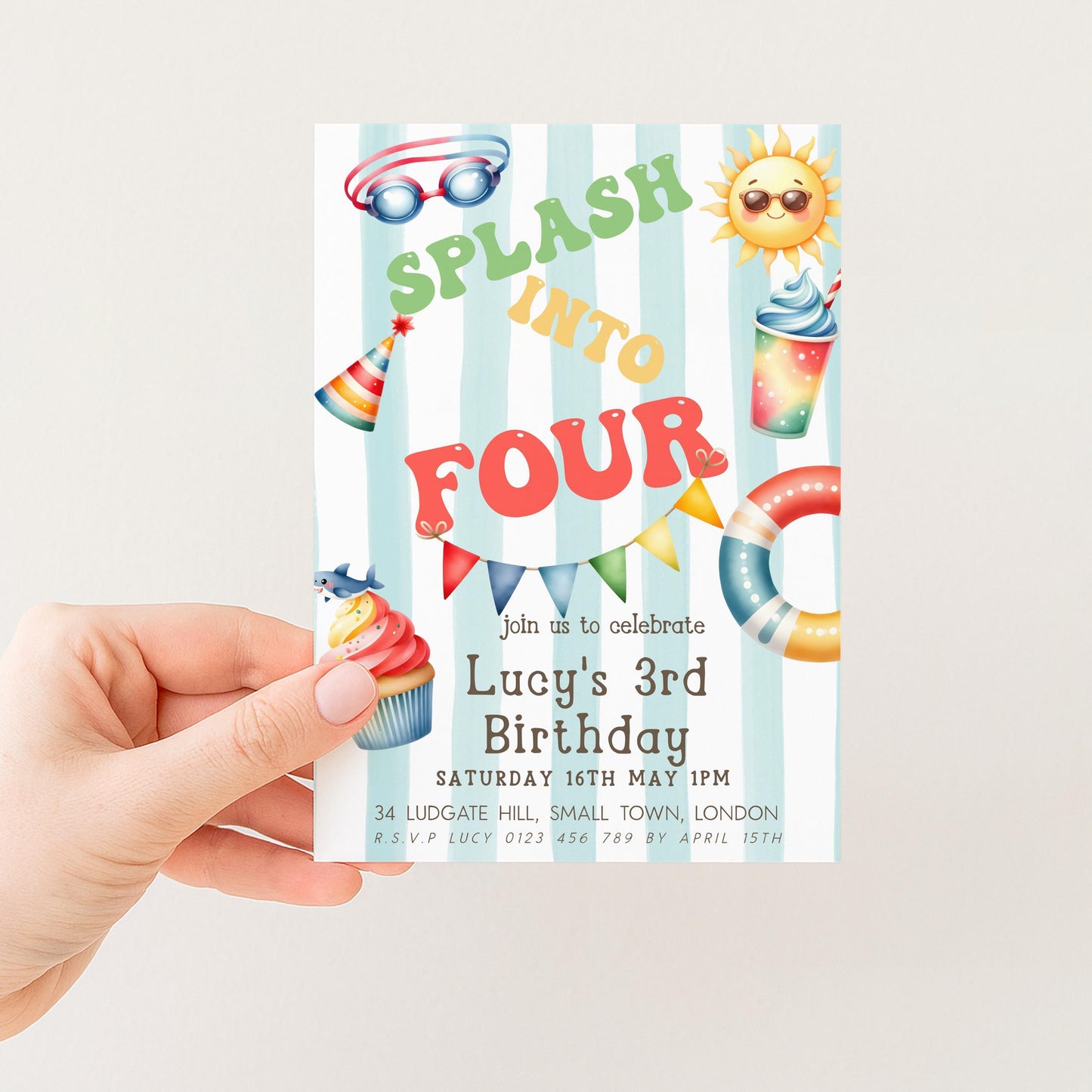 The image is a birthday invitation for a child's fourth birthday party.