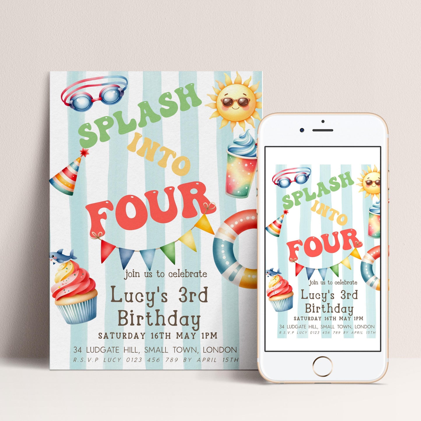 The image is a birthday invitation for a child's third birthday party. It features colorful illustrations of a swimsuit, sunglasses, and a cupcake, along with text inviting guests to celebrate the occasion.