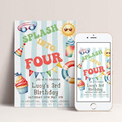 The image is a birthday invitation for a child's third birthday party. It features colorful illustrations of a swimsuit, sunglasses, and a cupcake, along with text inviting guests to celebrate the occasion.