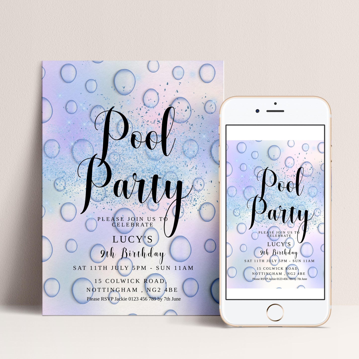The image is a pool party invitation featuring a water-themed design with bubbles and text.