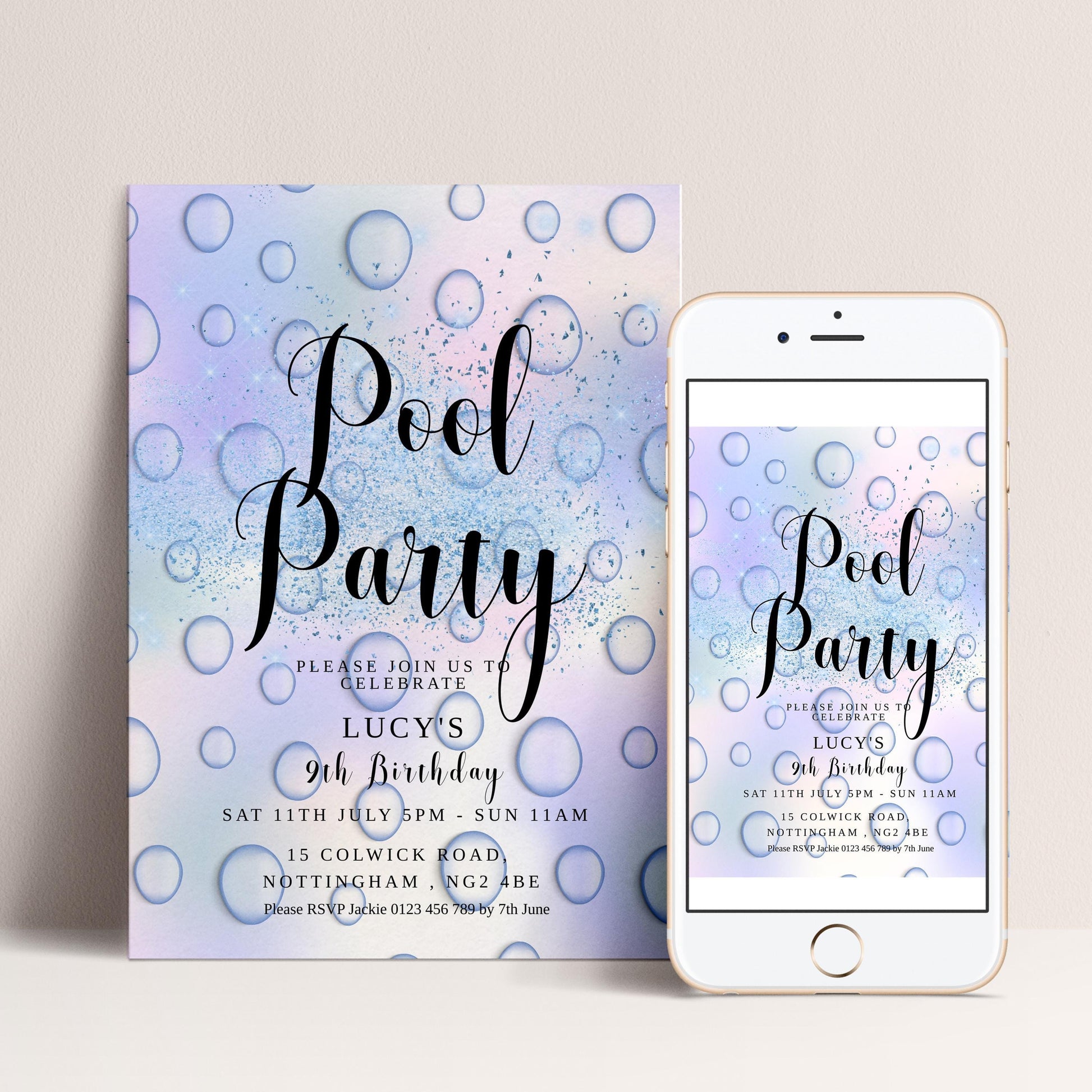 The image is a pool party invitation featuring a water-themed design with bubbles and text.