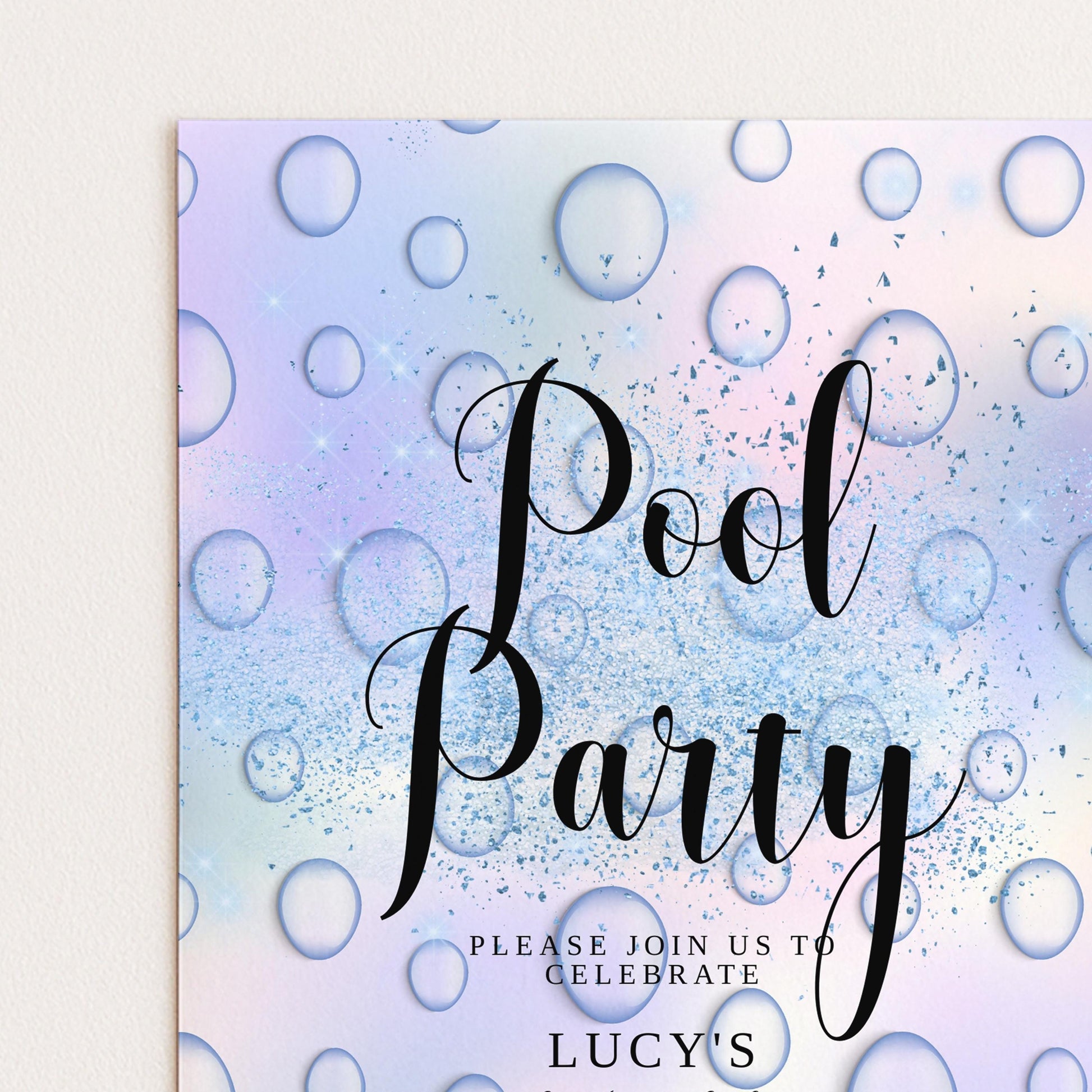 The image is a colorful invitation card for a pool party.
