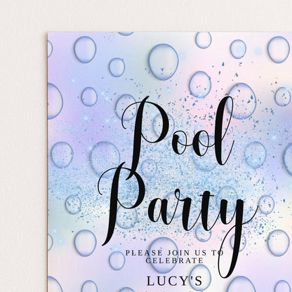 The image is a colorful invitation card for a pool party.