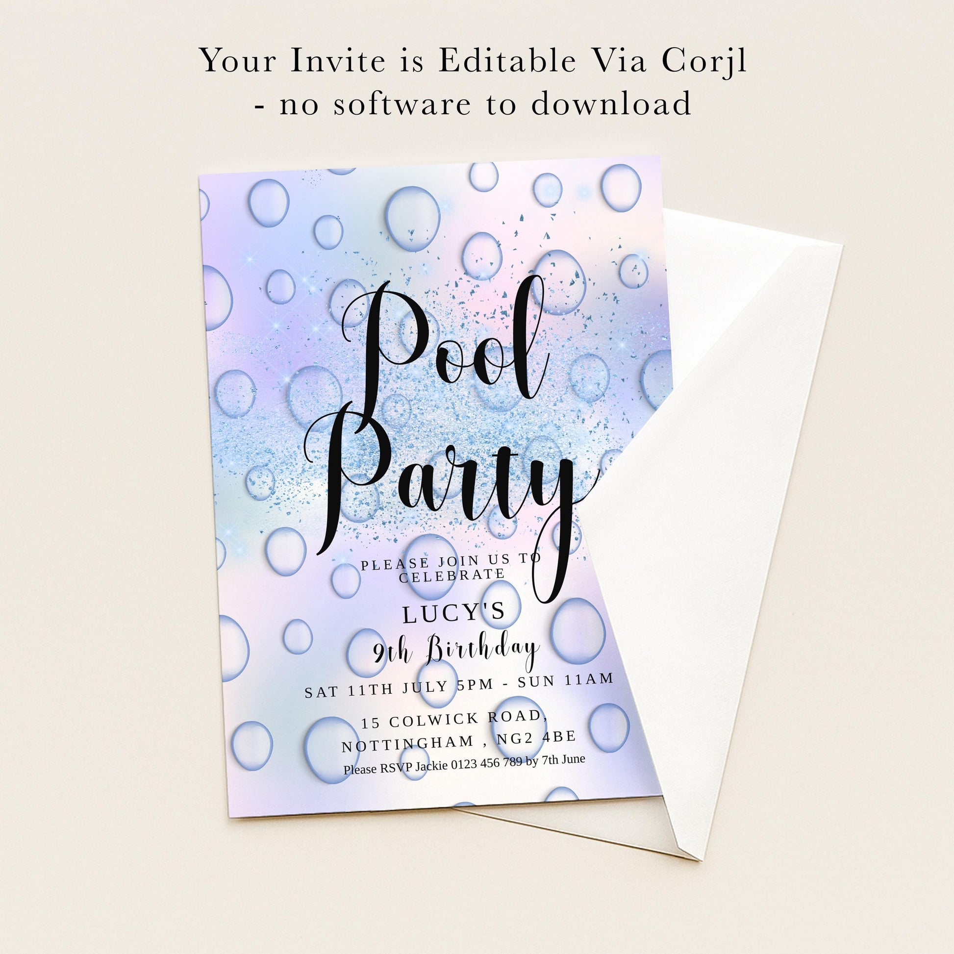 The image is a colorful invitation card for a pool party, featuring a water-themed design with bubbles and splashes.