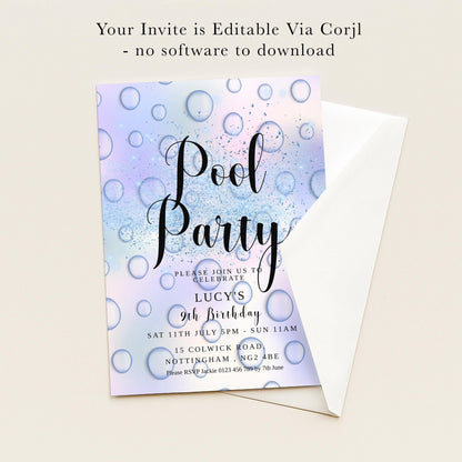 The image is a colorful invitation card for a pool party, featuring a water-themed design with bubbles and splashes.