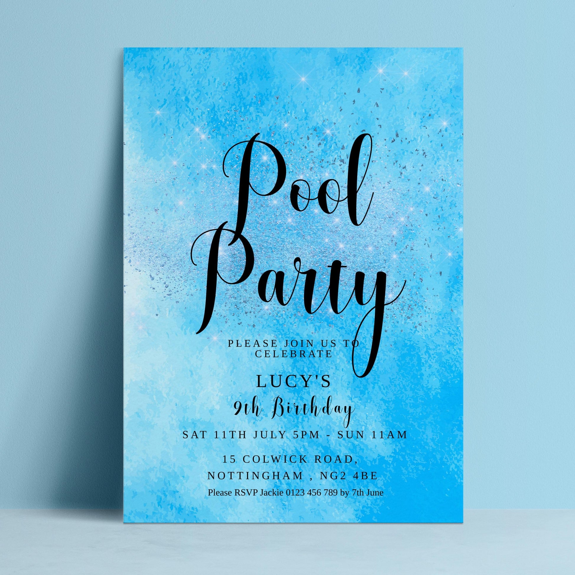 The image is a blue invitation card for a pool party.
