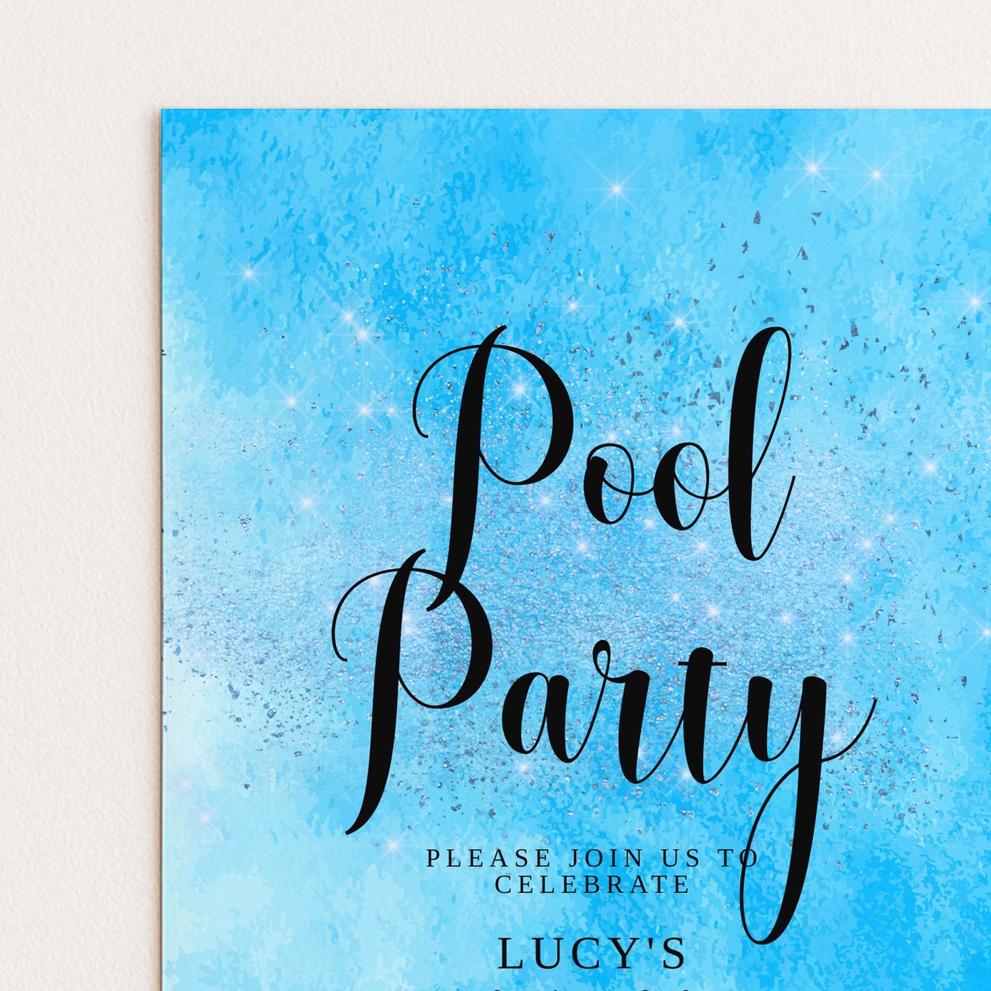 The image is a blue and white text-based invitation for a pool party, with the text "Please join us to celebrate LUCY'S" prominently displayed.