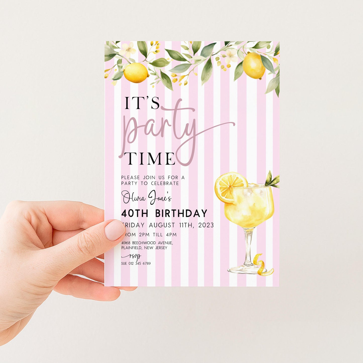 The image is a pink and white striped party invitation for a 40th birthday celebration.