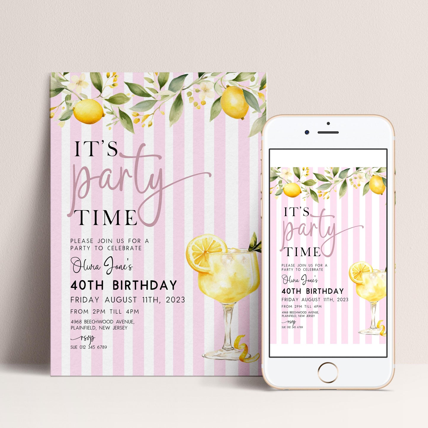 The image is a birthday party invitation featuring a pink and white striped background with illustrations of lemonade glasses and lemons. The text invites guests to a party to celebrate Olaf Jones' 40th birthday on Friday, August 11th, 2023.