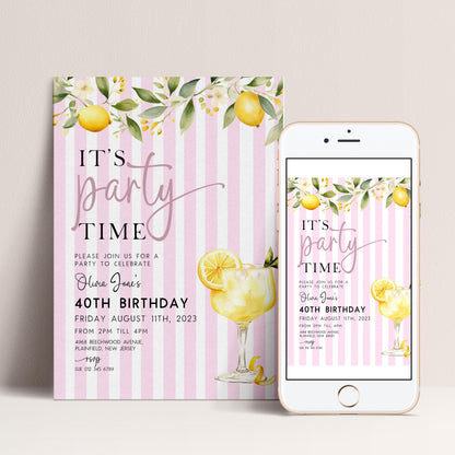 The image is a birthday party invitation featuring a pink and white striped background with illustrations of lemonade glasses and lemons. The text invites guests to a party to celebrate Olaf Jones' 40th birthday on Friday, August 11th, 2023.