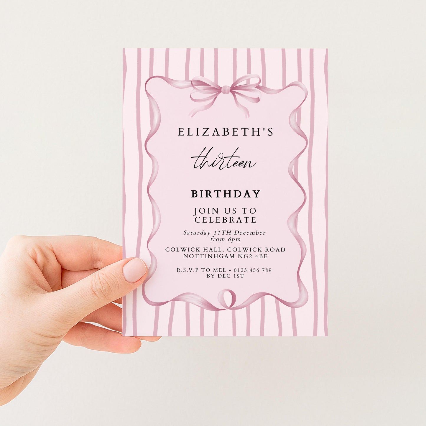 Editable 13th Birthday Invitation, Pink Bow Birthday Invite, Elegant Thirteen Party Invitation, Editable Birthday Invite, Corjl
