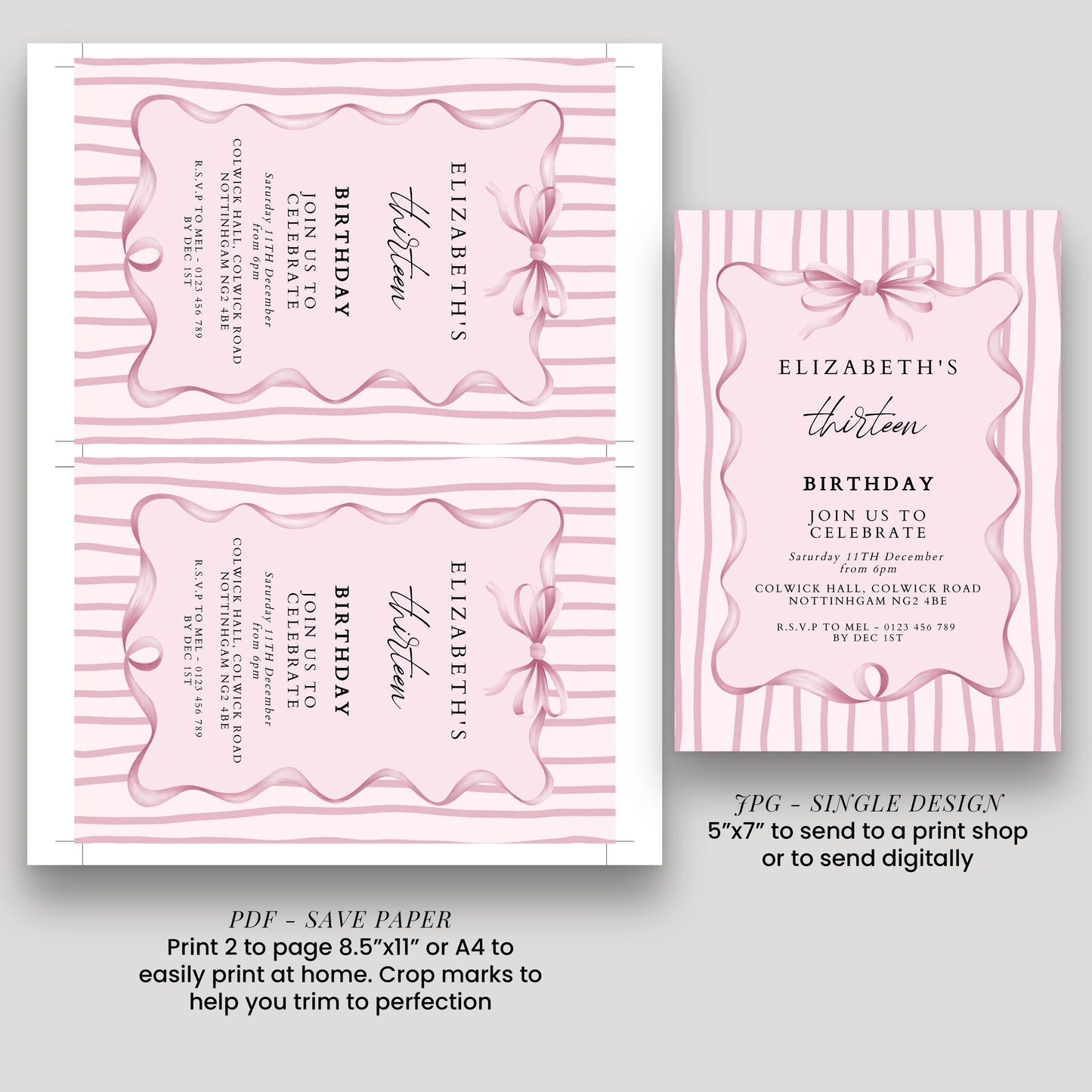 Editable 13th Birthday Invitation, Pink Bow Birthday Invite, Elegant Thirteen Party Invitation, Editable Birthday Invite, Corjl