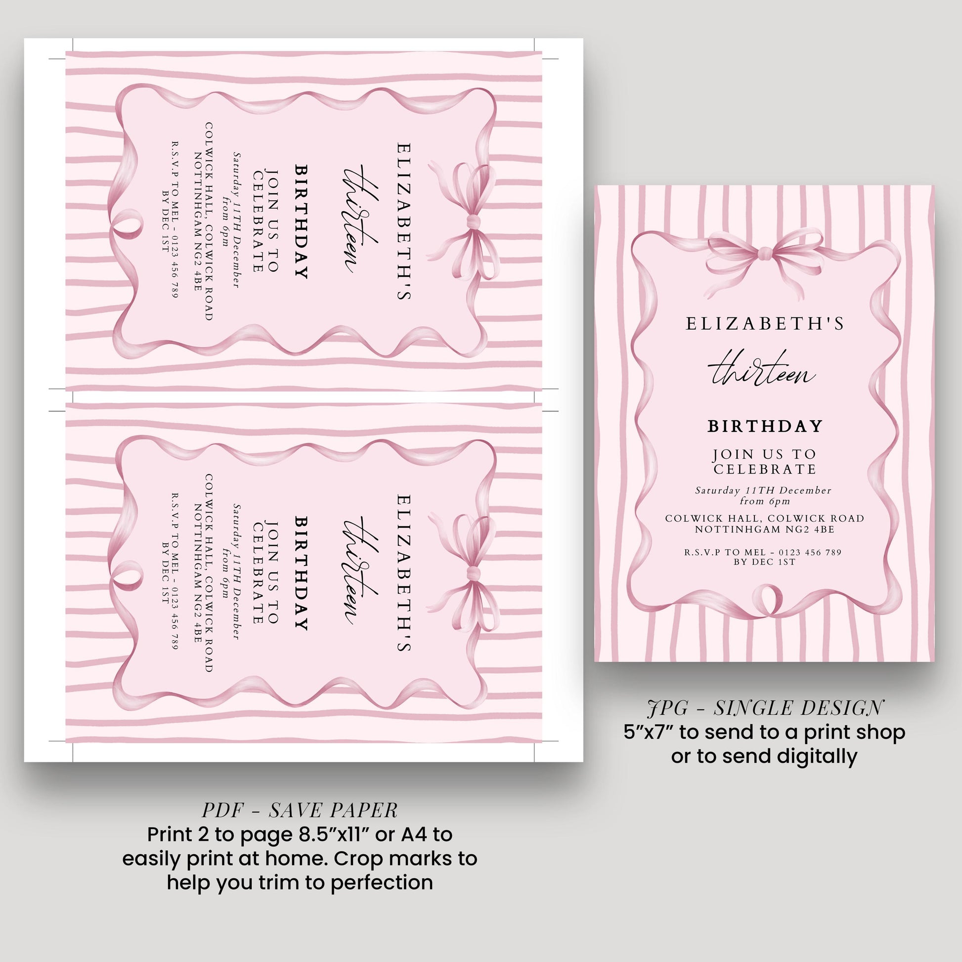 Editable 13th Birthday Invitation, Pink Bow Birthday Invite, Elegant Thirteen Party Invitation, Editable Birthday Invite, Corjl