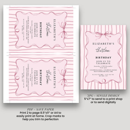 Editable 13th Birthday Invitation, Pink Bow Birthday Invite, Elegant Thirteen Party Invitation, Editable Birthday Invite, Corjl
