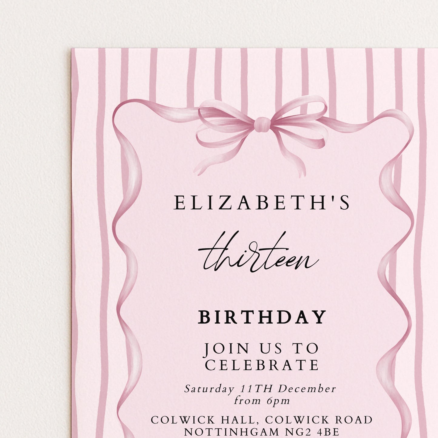 Editable 13th Birthday Invitation, Pink Bow Birthday Invite, Elegant Thirteen Party Invitation, Editable Birthday Invite, Corjl