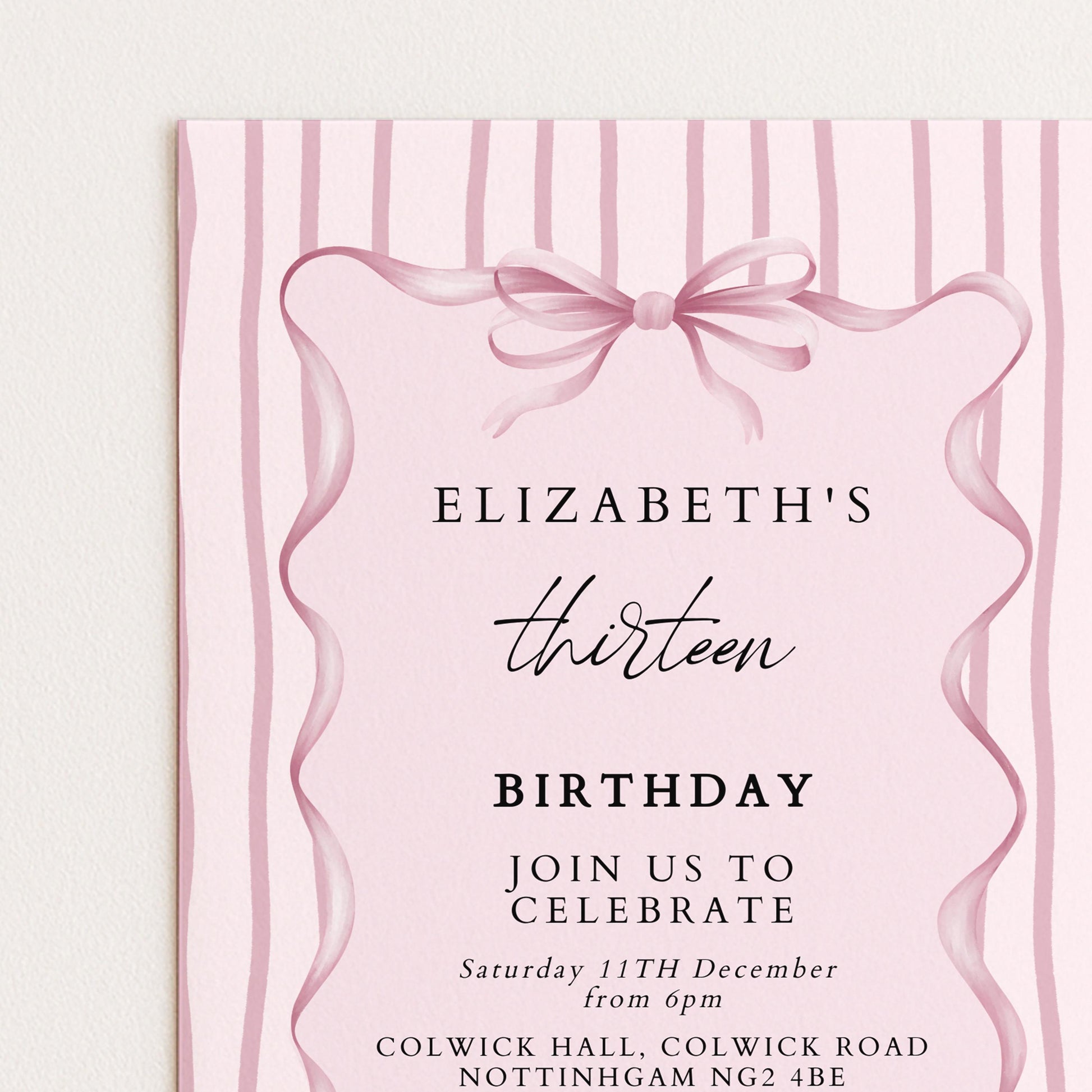 Editable 13th Birthday Invitation, Pink Bow Birthday Invite, Elegant Thirteen Party Invitation, Editable Birthday Invite, Corjl