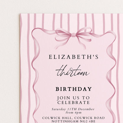 Editable 13th Birthday Invitation, Pink Bow Birthday Invite, Elegant Thirteen Party Invitation, Editable Birthday Invite, Corjl