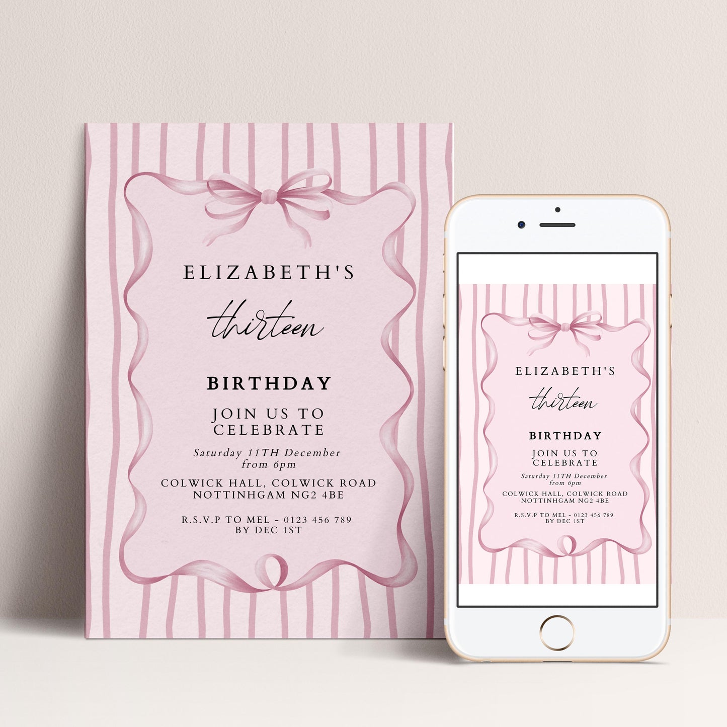 Editable 13th Birthday Invitation, Pink Bow Birthday Invite, Elegant Thirteen Party Invitation, Editable Birthday Invite, Corjl