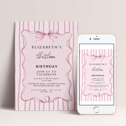 Editable 13th Birthday Invitation, Pink Bow Birthday Invite, Elegant Thirteen Party Invitation, Editable Birthday Invite, Corjl