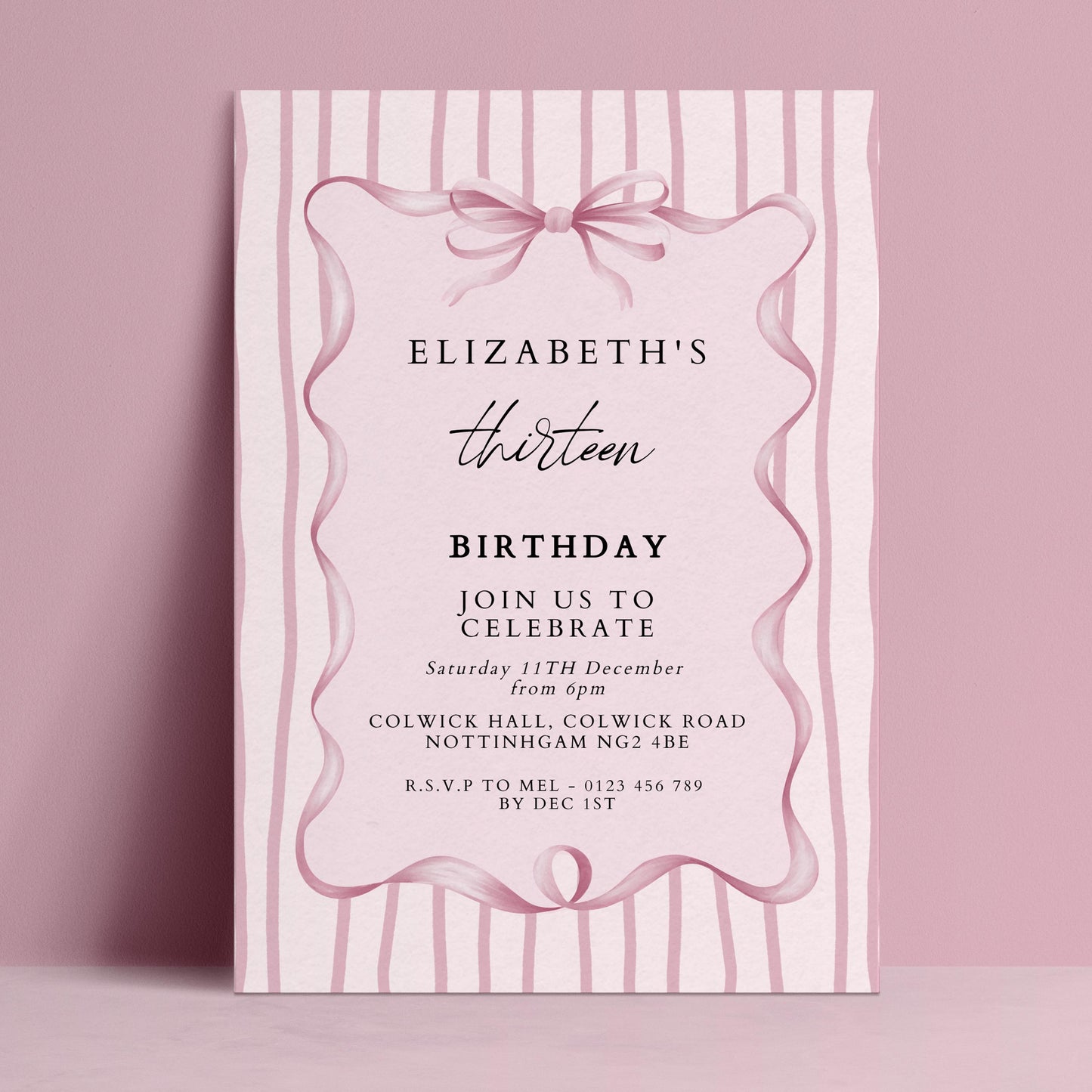 Editable 13th Birthday Invitation, Pink Bow Birthday Invite, Elegant Thirteen Party Invitation, Editable Birthday Invite, Corjl