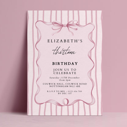 Editable 13th Birthday Invitation, Pink Bow Birthday Invite, Elegant Thirteen Party Invitation, Editable Birthday Invite, Corjl