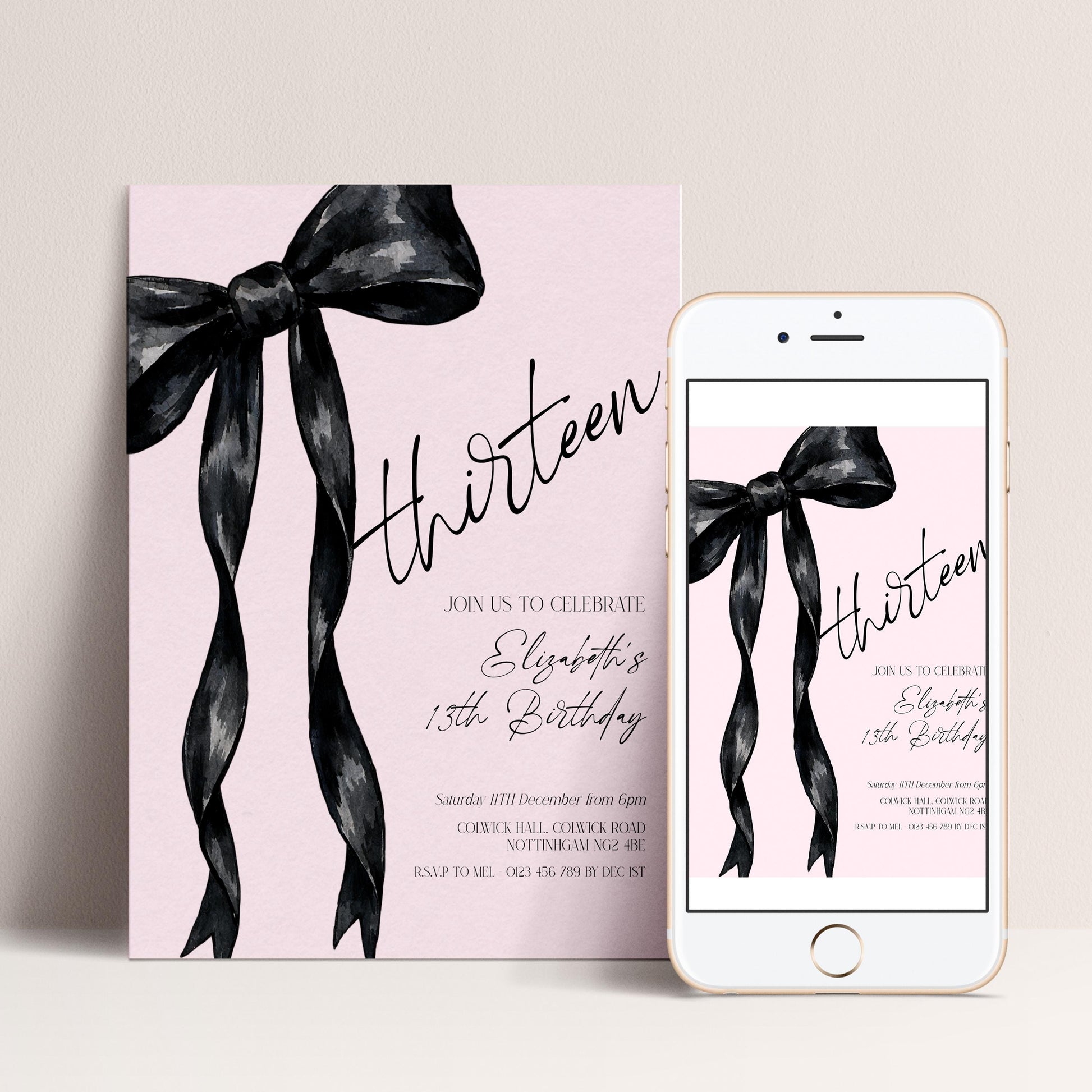 13th Birthday Invitation, Pink Bow Birthday Invite, Editable Thirteen Party Invite, Teen Girl Birthday Invitation, Corjl