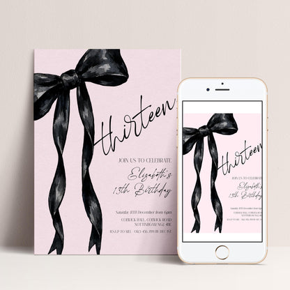 13th Birthday Invitation, Pink Bow Birthday Invite, Editable Thirteen Party Invite, Teen Girl Birthday Invitation, Corjl