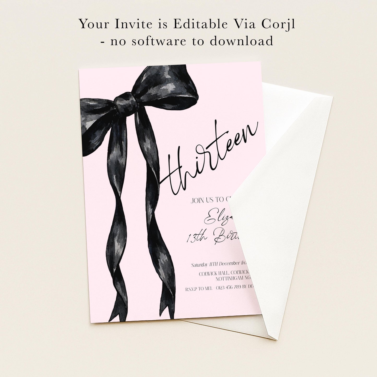 13th Birthday Invitation, Pink Bow Birthday Invite, Editable Thirteen Party Invite, Teen Girl Birthday Invitation, Corjl