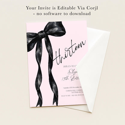 13th Birthday Invitation, Pink Bow Birthday Invite, Editable Thirteen Party Invite, Teen Girl Birthday Invitation, Corjl