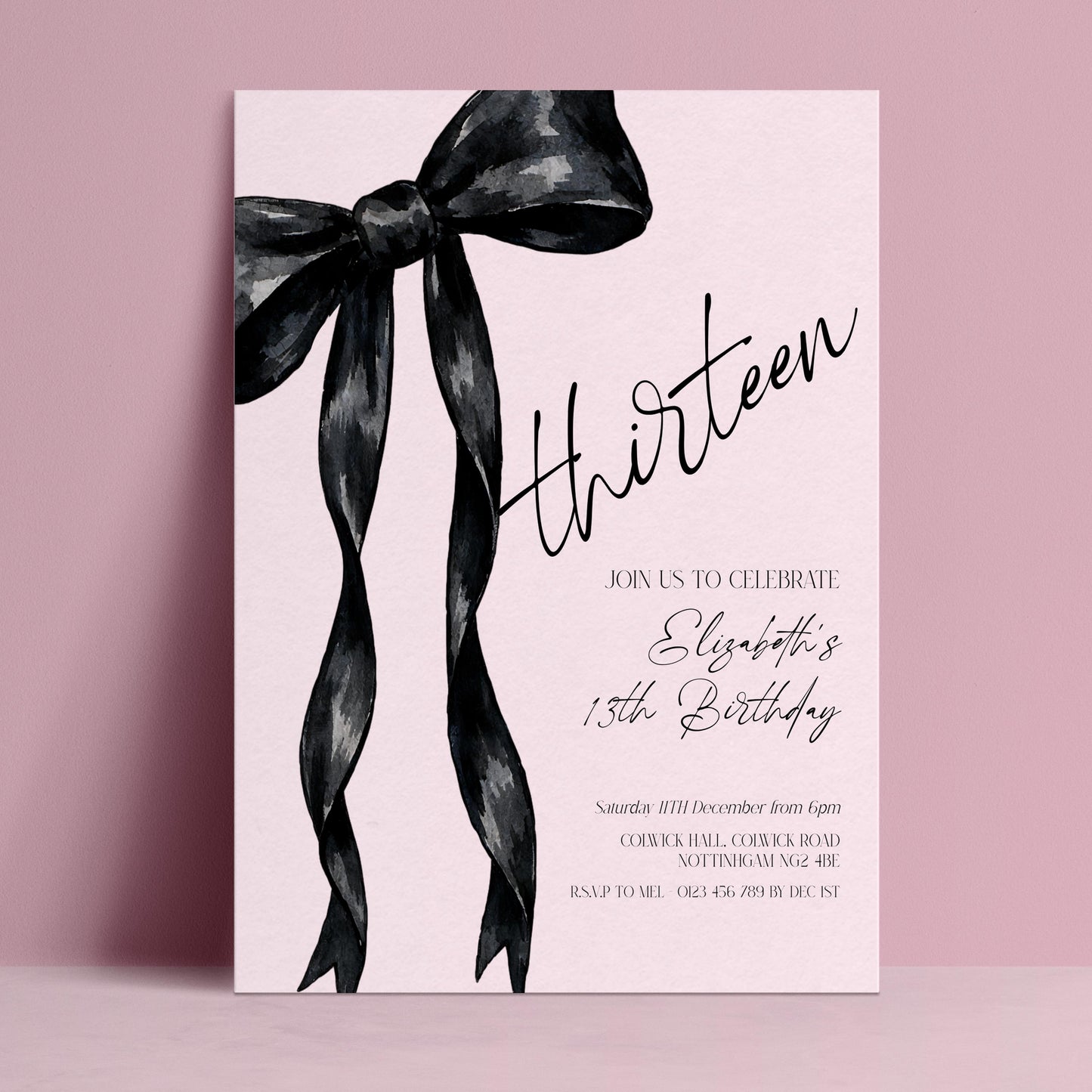 13th Birthday Invitation, Pink Bow Birthday Invite, Editable Thirteen Party Invite, Teen Girl Birthday Invitation, Corjl